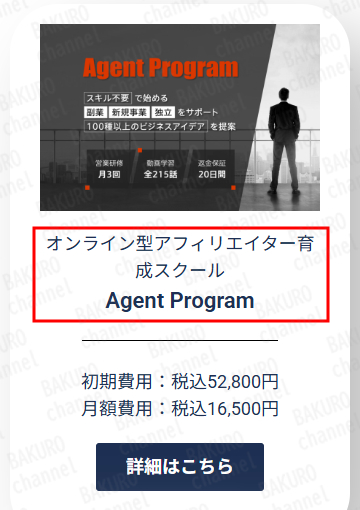 株式会社NRMが提供するAGENCY ECの1つ、オンライン型アフィリエイター育成スクールAgent Programの料金表