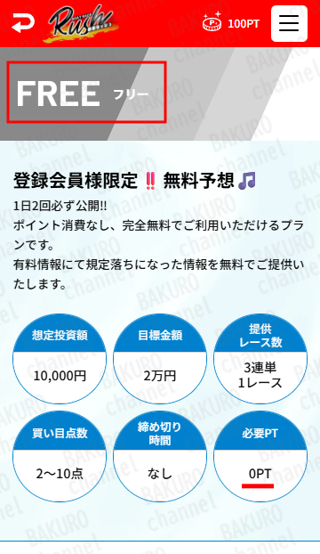 株式会社Office Cleu（オフィスクルー）が提供する競艇RUSH（ラッシュ）のプラン料金表