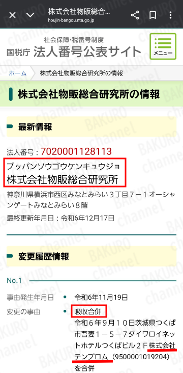 船原徹雄の物販スクールを提供する株式会社物販総合研究所の法人登記情報