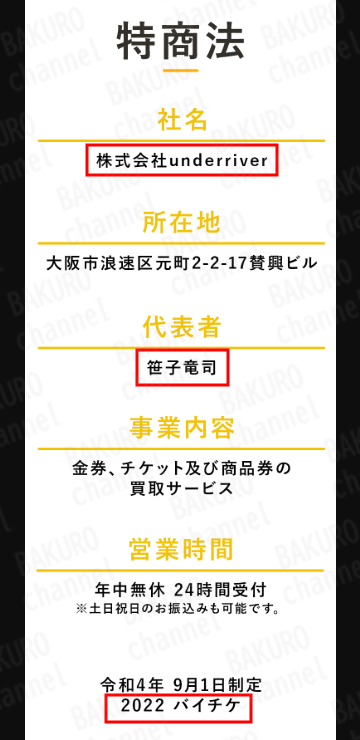 笹子竜司が代表取締役を務める株式会社underriver（アンダーリバー）のバイチケの特定商取引法に基づく表記
