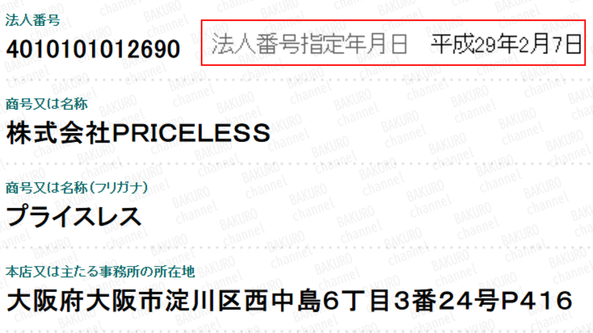 山形直樹のLiNKを提供する株式会社PRICELESS（岡村貴弘）の法人登記情報