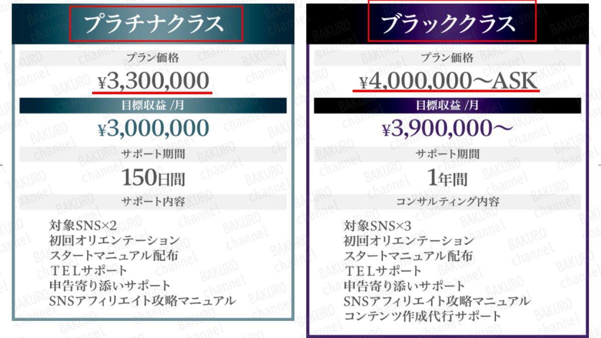 合同会社NOVALEX（ノヴァレックス）（諸遊康治）が提供するTikTokアフィリエイト副業ワークメイトのサポートプラン表