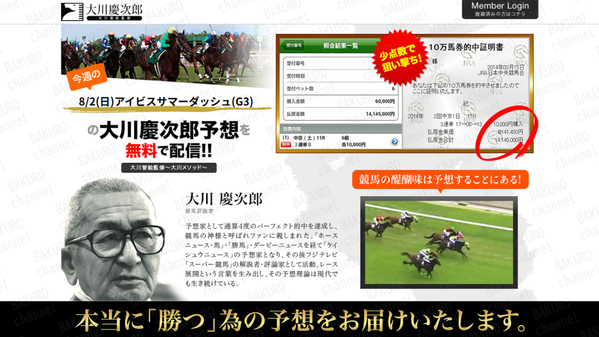 株式会社ターフの競馬予想サイト大川慶次郎~パーフェクト競馬メソッド~の広告