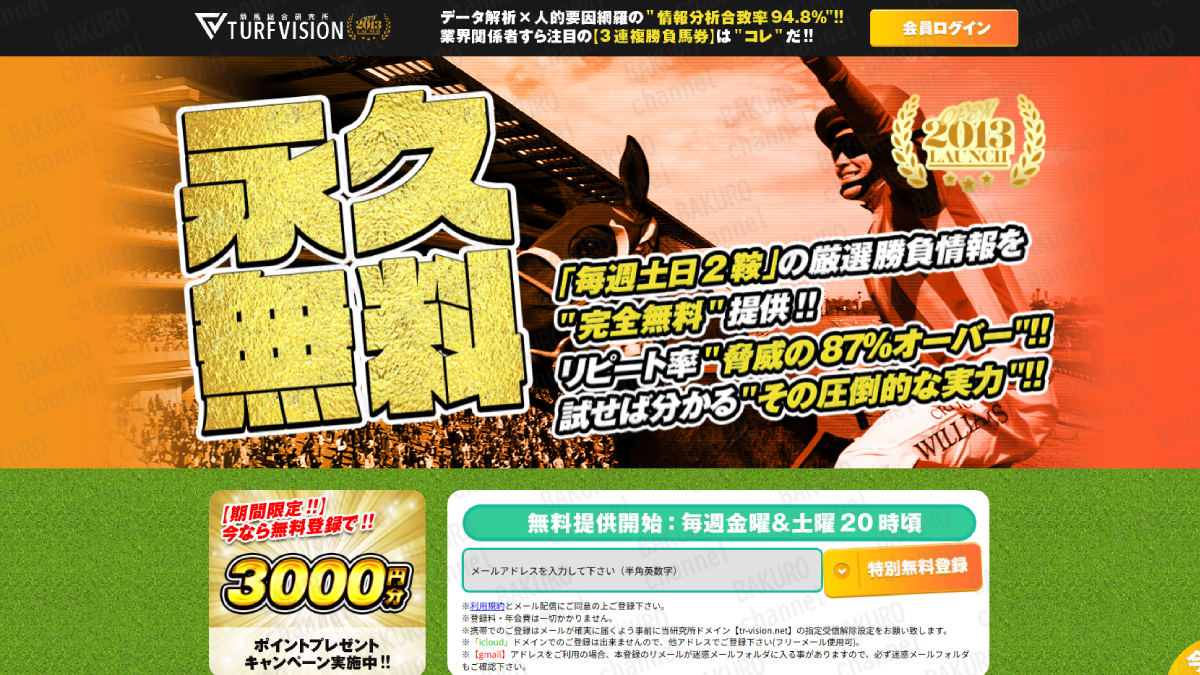 株式会社TYコーポレーションが運営する競馬予想サイトTURF VISION(ターフビジョン)の広告