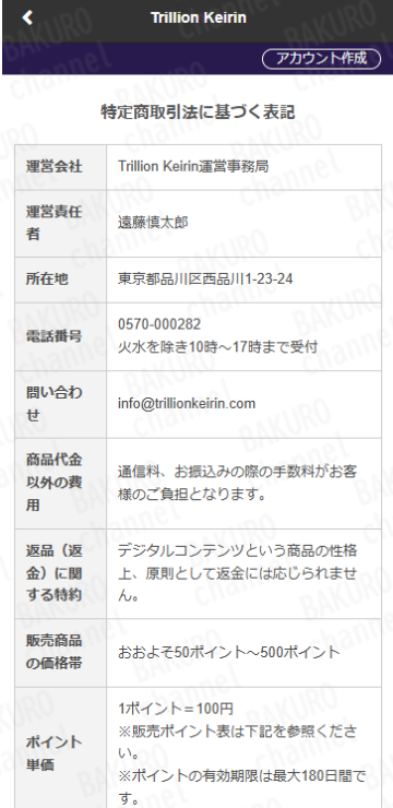Trillion Keirin運営事務局が提供する競輪予想サイト、トリリオンケイリンの特定商取引法に基づく表記